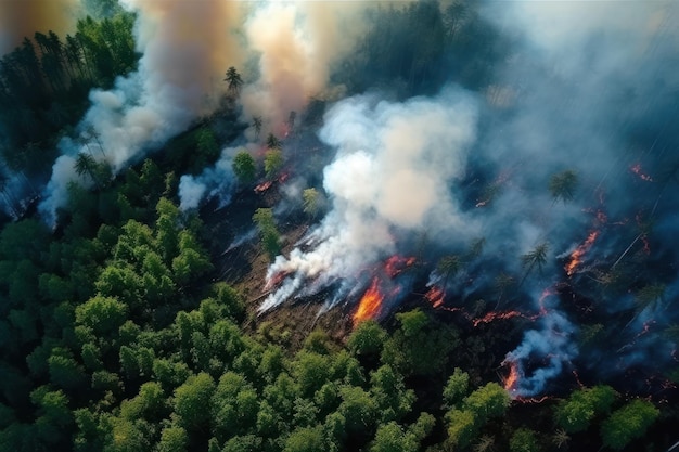 Vista aérea de las llamas de los incendios forestales y el humo en los bosques verdes que queman árboles causados por el clima extremadamente cálido