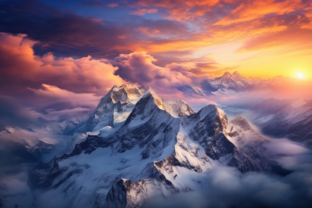 Vista aérea de majestuosas montañas en Suiza con un cielo colorido