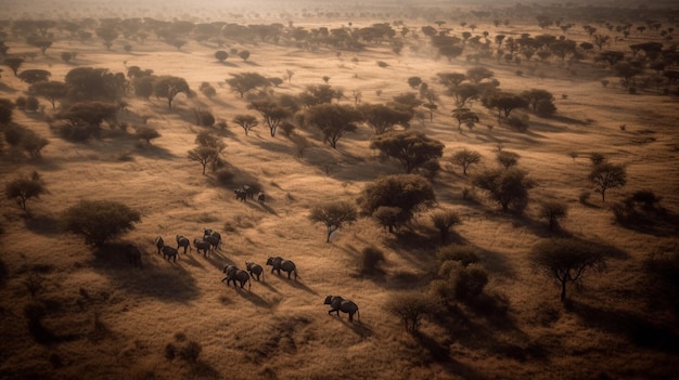 Vista aérea de una manada de toros en la sabana de África IA generativa