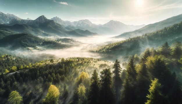 Foto vista aérea de la mañana con bosque y montaña brumosos