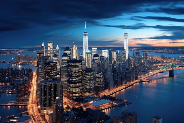 Vista aérea del Bajo Manhattan Ciudad de Nueva York EE.UU. Vista panorámica de Manhattan por la noche Nueva York EE.UU. Generado por IA