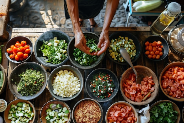 Vista aérea de manos clasificando varios cuencos de hierbas y verduras recién cortadas en una leña