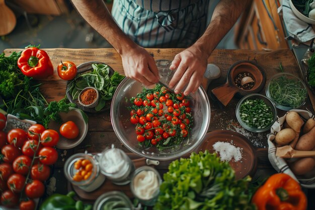 Foto vista aérea de manos rociando hierbas en tomates cereza con verduras frescas y condimentos surro