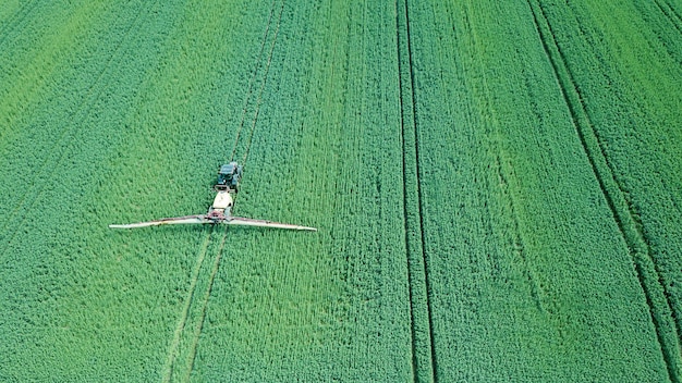 Vista aérea máquinas agrícolas pulverizando produtos químicos no grande campo verde, fundo agrícola da primavera.