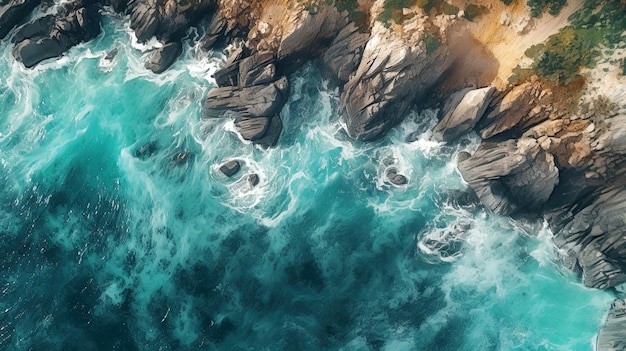 Vista aérea del mar y las rocas las olas azules del océano chocando contra la orilla