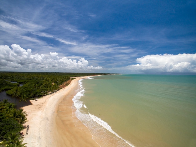 Vista aérea Mar verde na costa de uma praia brasileira em um dia ensolarado na Barra do Cahy,