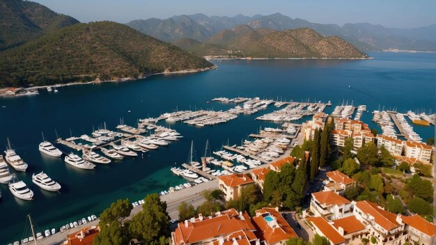 Vista aérea de la marina costera con barcos