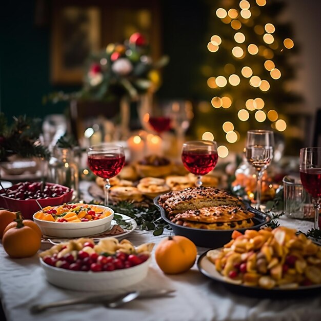 Vista aérea de una mesa llena de tarros y decoraciones navideñas