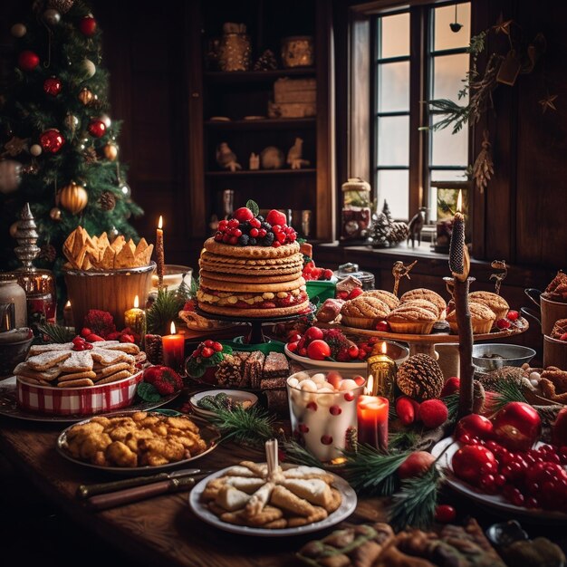 Vista aérea de una mesa llena de tarros y decoraciones navideñas