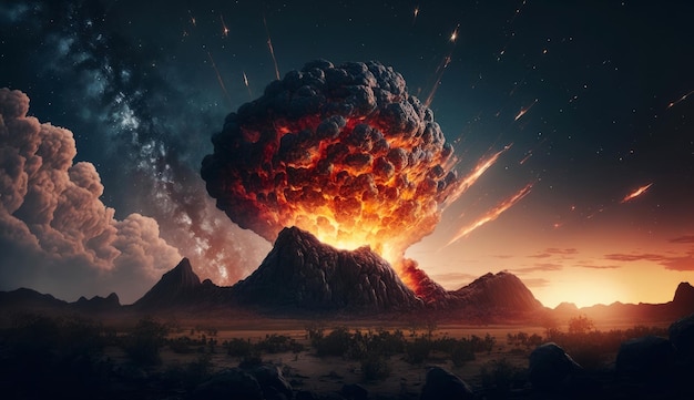 Vista aérea de Meteor o asteroides ardiendo en el cielo y dirigiéndose al fondo del planeta Ai generativo