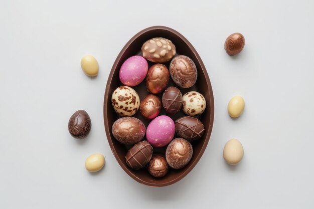 Vista aérea de la mitad de un huevo de Pascua de chocolate lleno de golosinas de chocolate dulce