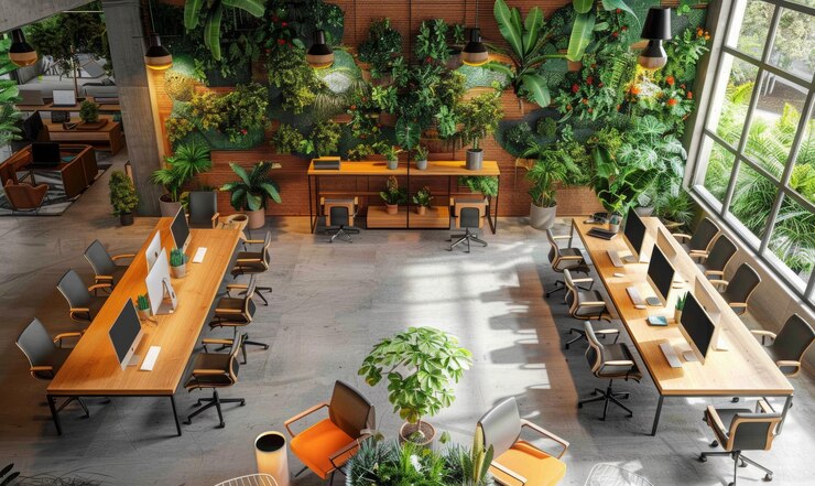 Una vista aérea de un moderno espacio de coworking con diversas estaciones de trabajo, sillas ergonómicas y vegetación vibrante que mejoran la decoración