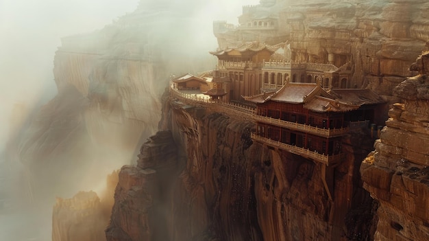 Foto vista aérea del monasterio colgante de china una cálida escena mística mientras la niebla se despeja sobre el barranco empinado