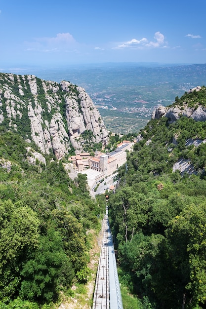 Vista aérea del monasterio de Montserrat. Santa María de Montserrat es una abadía benedictina ubicada en la montaña de Montserrat, en Monistrol de Montserrat, en Cataluña, España