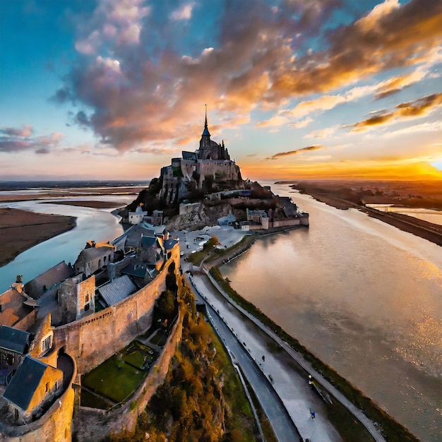 Foto vista aérea del mont saintmichel por el río contra el cielo durante la puesta de sol