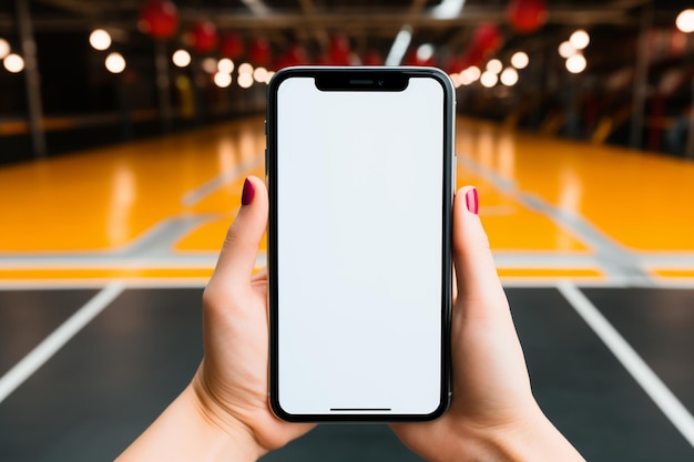 Vista aérea de una mujer joven que muestra una pantalla en blanco en su teléfono