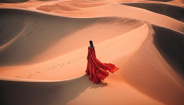 Vista aérea de la mujer con un vestido rojo ondulante en la arena del desierto vista trasera hermoso paisaje del desierto