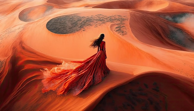 Vista aérea de la mujer con un vestido rojo ondulante en la arena del desierto vista trasera hermoso paisaje del desierto