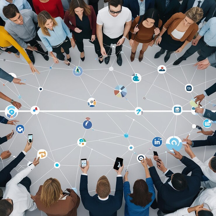 Vista aérea de una multitud de personas conectadas por líneas, medios sociales y concepto de comunicación. Vista superior de hombres y mujeres aislados sobre un fondo blanco.