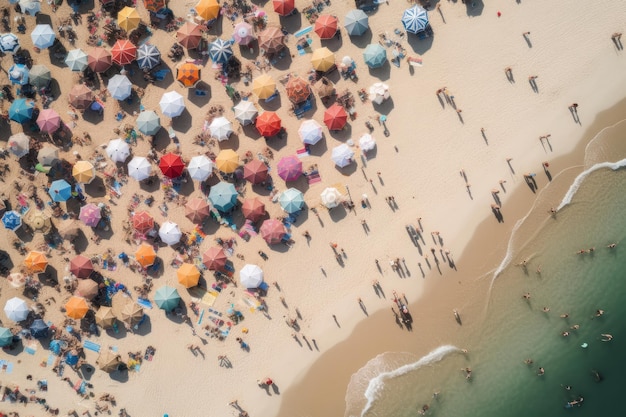 Vista aérea de multitud de personas en la playa Creado con tecnología de IA generativa