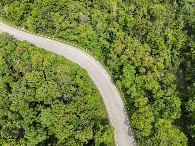 Vista aérea de la naturaleza del bosque con el coche en la carretera en el árbol verde de la montaña, la curva de la carretera de vista superior desde arriba, la carretera de vista de pájaro a través de la montaña el bosque verde hermoso entorno fresco