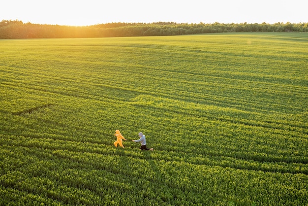 Vista aérea no campo de trigo verde com casal andando no caminho