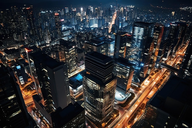 Foto vista aérea nocturna del bullicioso paisaje urbano metropolitano