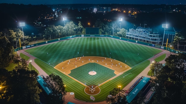 Vista aérea nocturna de un estadio de béisbol vacío iluminado por focos