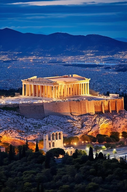 Vista aérea nocturna del templo iluminado del Partenón en la Acrópolis de Atenas