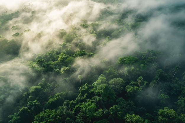 Vista aérea de una nube de niebla y niebla que cuelga sobre una exuberante selva tropical después de una tormenta