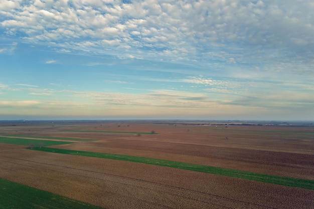 Foto vista aérea nuvens sobre campos agrícolas verdes.