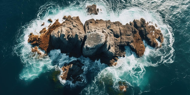 Una vista aérea del océano con una roca en el medio