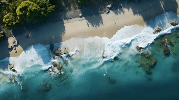 Vista aérea de las olas azules del océano golpeando las rocas de la playa contra el fondo de la playa de arena