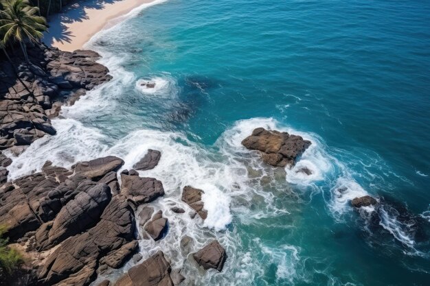 Vista aérea de las olas azules del océano rompiendo en las rocas