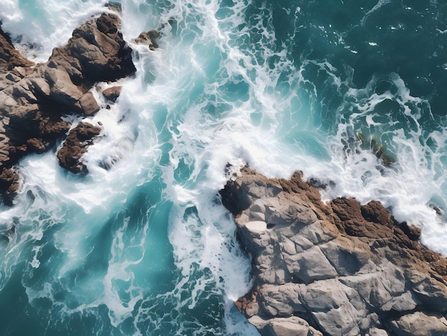 Vista aérea de las olas del mar chocando contra las rocas de la costa rocosa con las olas rompiendo sobre ella