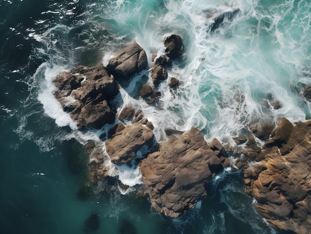 Vista aérea de las olas del mar chocando contra las rocas de la costa rocosa con las olas rompiendo sobre ella