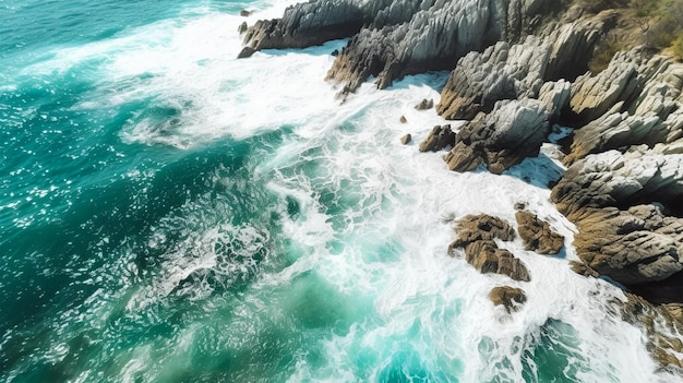 Vista aérea de las olas del mar y la fantástica vista superior de la costa rocosa de Montenegro