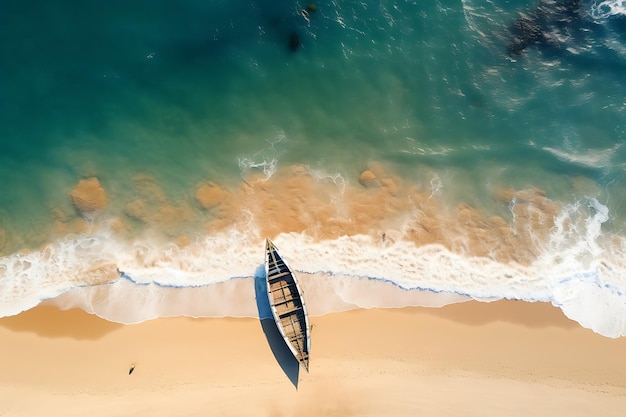 Vista aérea de las olas del mar con gente y barco en la orilla del mar