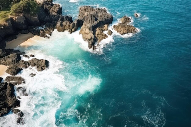 Vista aérea de las olas del océano azul que rompen en las rocas