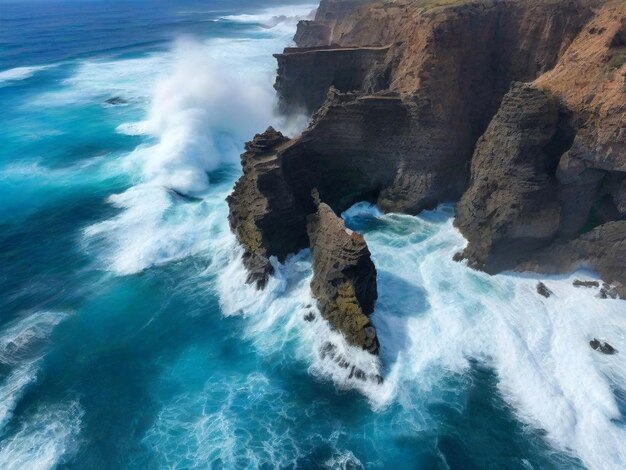 Vista aérea de las olas del océano chocando contra los acantilados