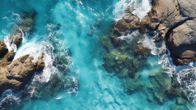 Vista aérea de las olas del océano en las rocas