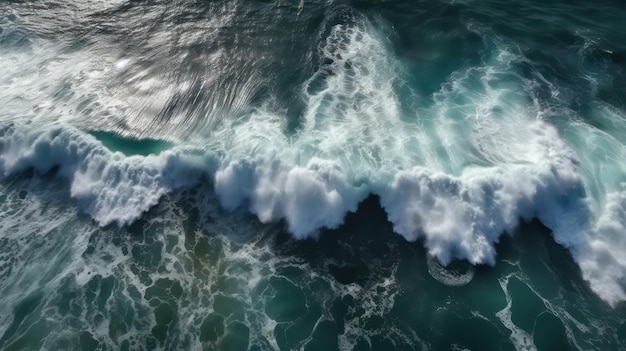 Vista aérea de las olas rompiendo en el océano, tomada desde arriba