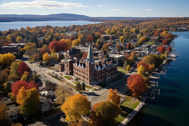 Vista aérea de otoño de Ithaca Nueva York