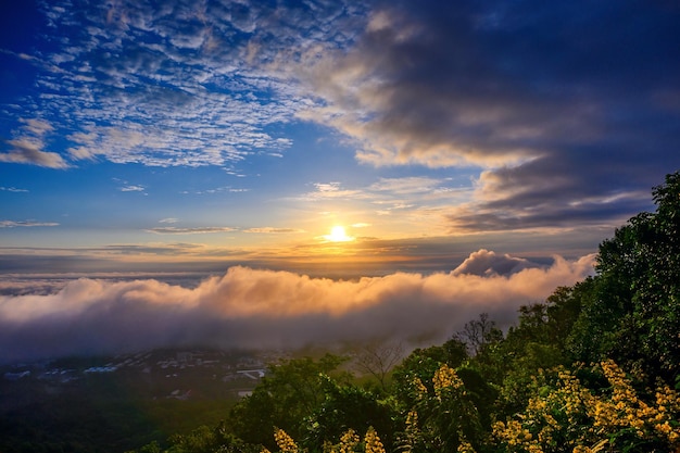 Vista aérea paisagem mar de névoa e nuvens no céu do nascer do sol chiangmai tailândia