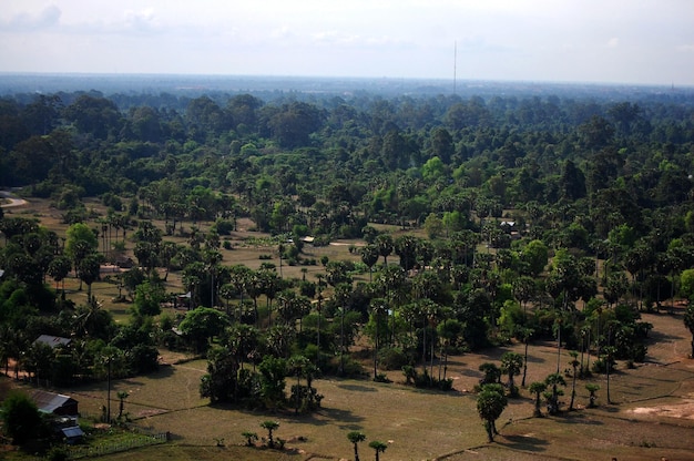 Vista aérea paisagem paisagem urbana pequena aldeia rural com campo de arroz em casca de Angkor Wat na cidade de SiemReap da mosca do balão trazer viajantes visita de viagem em Siem Reap Camboja
