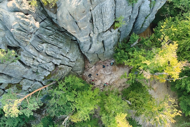 Vista aérea del paisaje brillante con árboles verdes y grandes rocas rocosas entre bosques densos en verano Hermoso paisaje de bosques salvajes