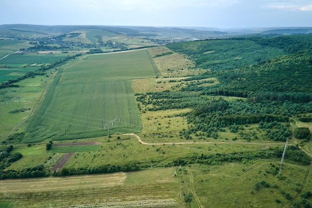 Vista aérea del paisaje de campos agrícolas cultivados verdes y amarillos con cultivos en crecimiento en un brillante día de verano