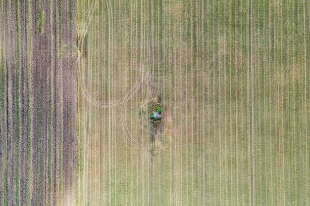 Vista aérea del paisaje con colza amarilla, campos agrícolas de maíz de trigo, primavera.