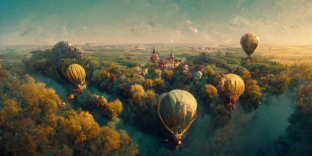 Vista aérea de un paisaje europeo desde un globo aerostático con una pareja amorosa, render 3d