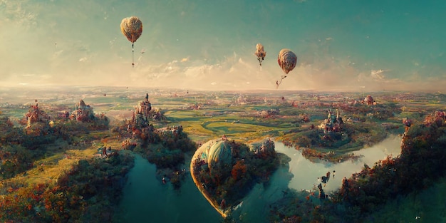 Vista aérea de un paisaje europeo desde un globo aerostático con una pareja amorosa, render 3d